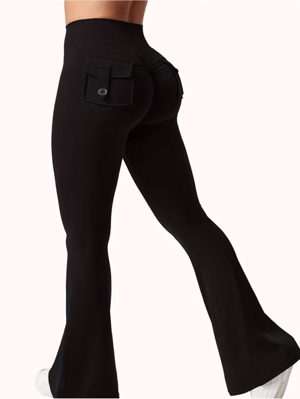 High-Rise Black Flare Pants with Ruched Back Detail